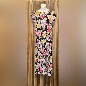 Vintage MAGGY LONDON ByJeannene Booher Black Floral Drop Waist Pleated Dress 12